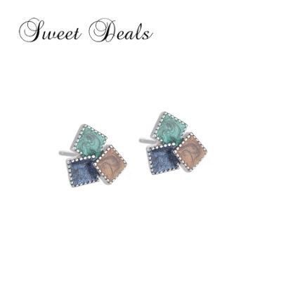 Fashion S925 Sterling Silver Stud Earrings Tricolor Contrast Color Square Earrings