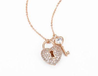 Jewelry Fashion Lucky Lock Heart Shape Lock Key Pendant Gift Rose Gold Diamond Necklace