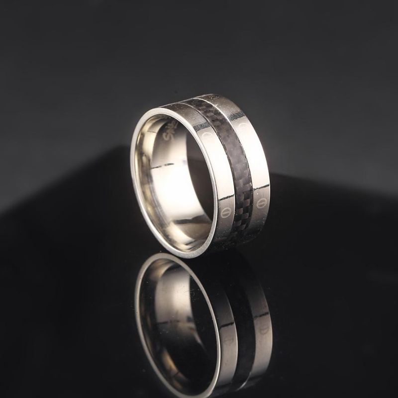 Top Grade 316L Surgical Stainless Steel Men′ S Carbon Fiber Hammered Patterns Inlay Wedding Band Engagement Rings OEM Collection