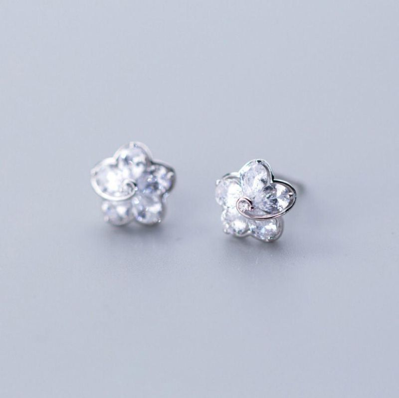 Real 925 Sterling Silver Earrings Sweet Flower with Zircon Stud Earrings for Women Girls Trendy Jewelry Gift