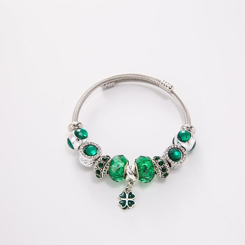 Fashion Jewelry Clover Crystal Adjustable Titanium Bangle