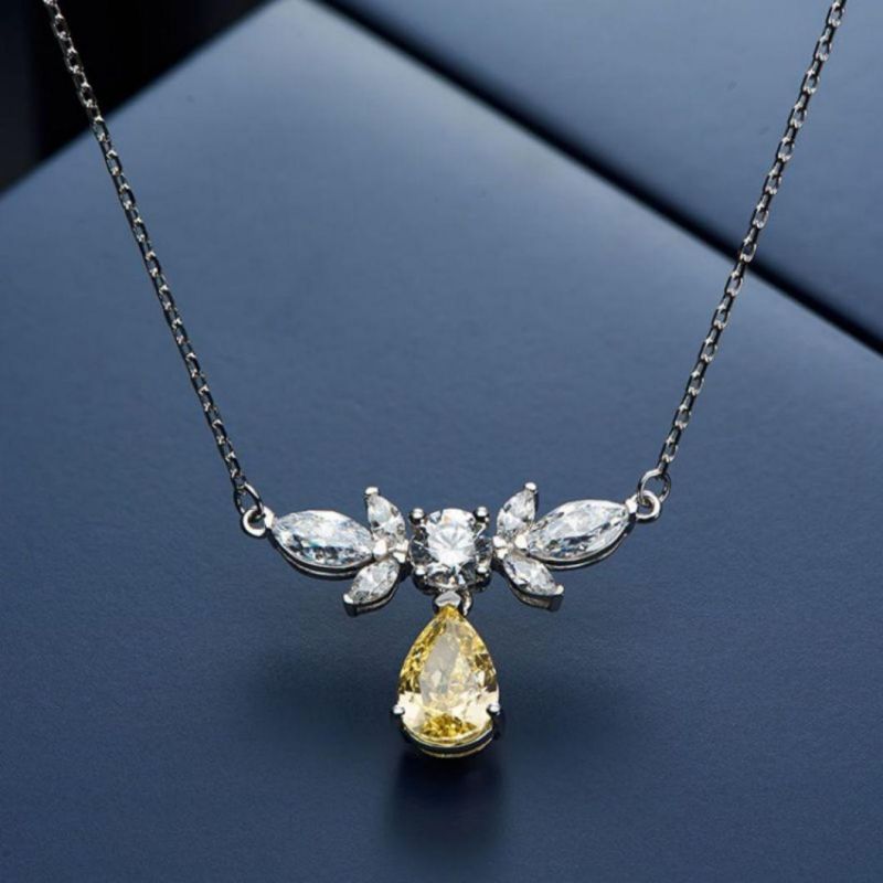 Luxurious Yellow Diamond Costume Jewelry Pendant Necklaces 925 Sterling Silver Water Drop 5A Zircon Necklace