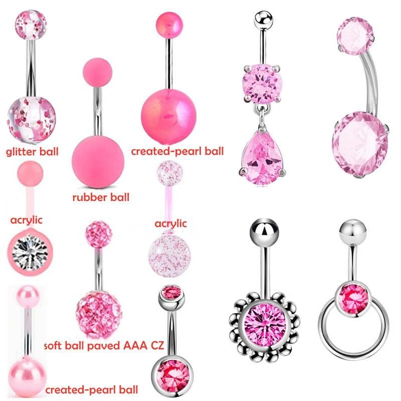 12PCS Belly Button Rings 316L Surgical Steel 14G CZ Navel Rings Barbells Studs Women Girls Body Piercing Jewelry (Silver/Pink)