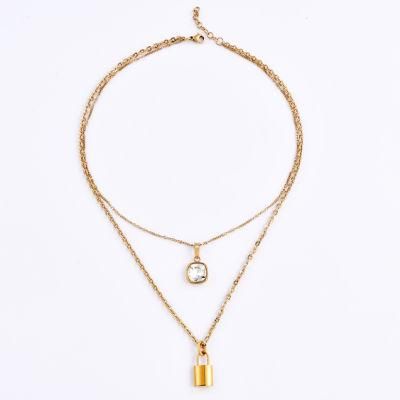 Stainless Steel Jewelry 14K Gold Plated Statement Necklace with Crystal Pendant Fashion Jewellery