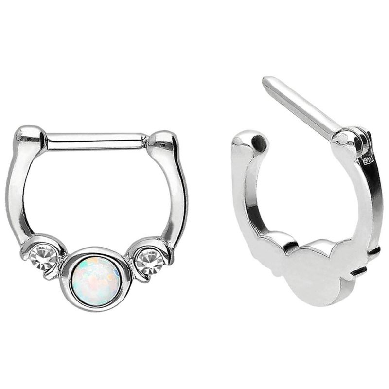 316L Surgical Steel Septum Clicker Nose Ring Body Piercing 2 Crystals with 3mm Opal