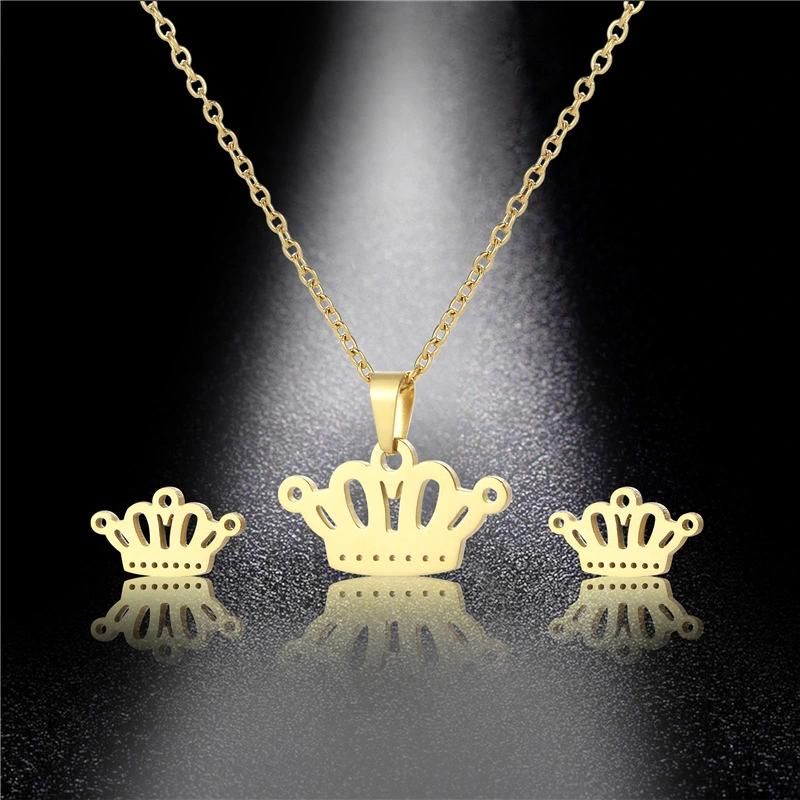 Manufacturer Customized Fashion Cheap Jewelry Waterproof High-Quality Stainless Steel Jewelry Set Wholesale Colorfast 18K Gold-Plated Crown Jewelry Set
