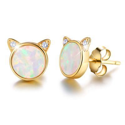 14K Gold Plated 925 Sterling Silver Cubic Zircon Opal Cat Stud Earrings for Women Girls