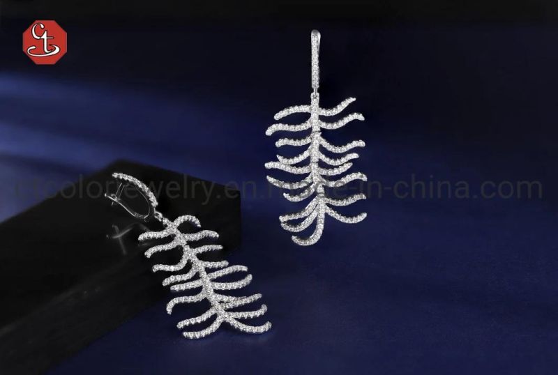 CT COLOR Fashion Special Jewelry Feather 925 Silver Earring with AAA+ Cubic Zircon for Women