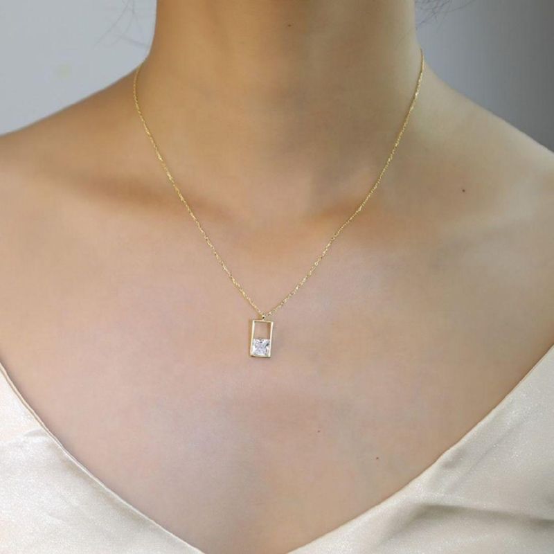 925 Sterling Silver Simple Square Zircon Pendant Necklace Women Clavicle Chain Classic Vintage Jewelry