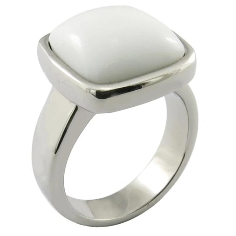 White Ceramic Big Stone Rings Stainless Steel Ring