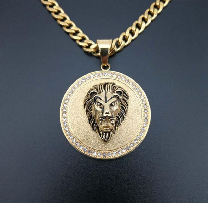 European and American Hip-Hop Hiphop Jewelry Titanium Steel Gold-Plated Diamond Frosted Disc Lion Head Pendant Spt1028