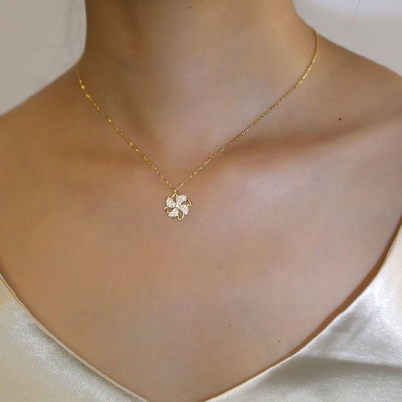 925 Sterling Silver Jewelry Four Leaf Clover Zircon Pendant Clavicle Chain Necklace Women Light Luxury Fashion Jewelry