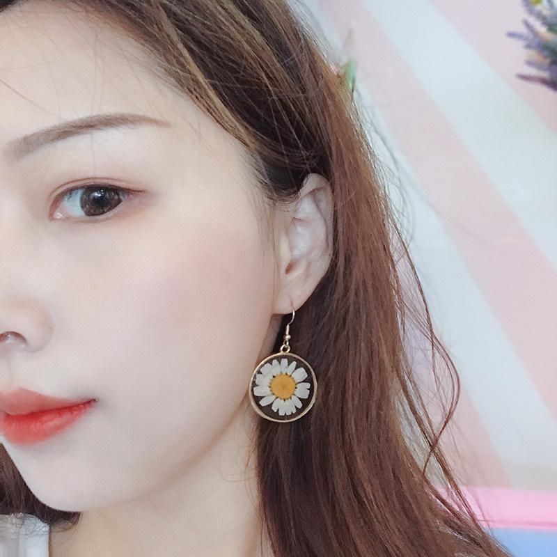 Best Seller Repeat Round Drop Clear Enamel Casting Alloy with Real Flower Inside Women Fishhook Earrings