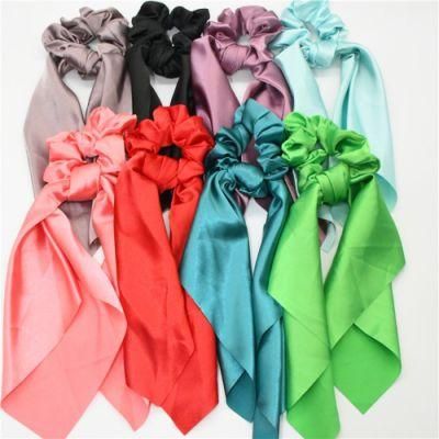 European and American Satin Ponytail Streamer Large Intestine Circle Knotted Square Scarf Pure Color Silky Square Scarf Hair Scrunchies
