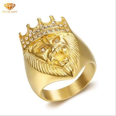 Explosion Hip-Hop Hip Hop Stainless Steel Gold-Plated Rhinestone Crown Lion Head Ring for Men Sgmr2623