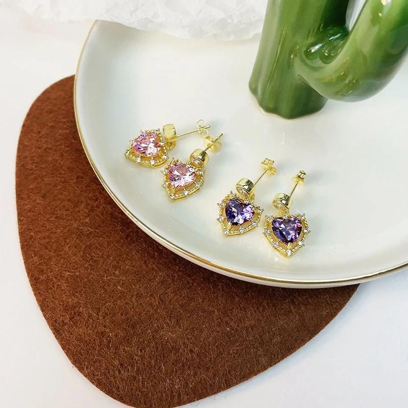 Trendy Pink Zircon 18K Gold Plated CZ Heart Stud Earrings