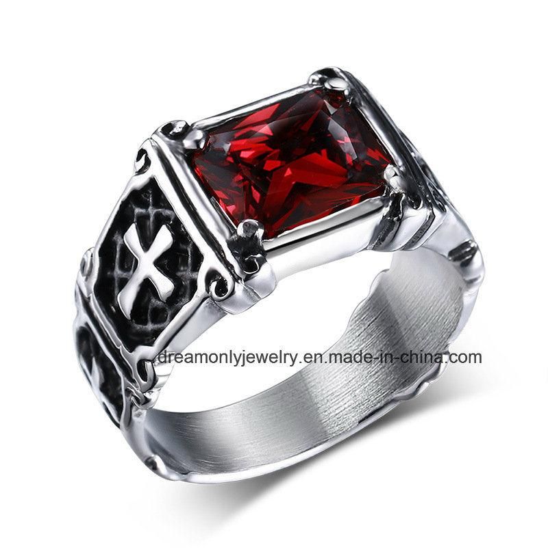 Black Men′s Steel Punk Ring Cross Design Red Main Stone