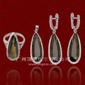Wholesale Popular Fashion Pear Shape Smoky Quartz Glass Stone 925 Sterling Silver Jewelry Set