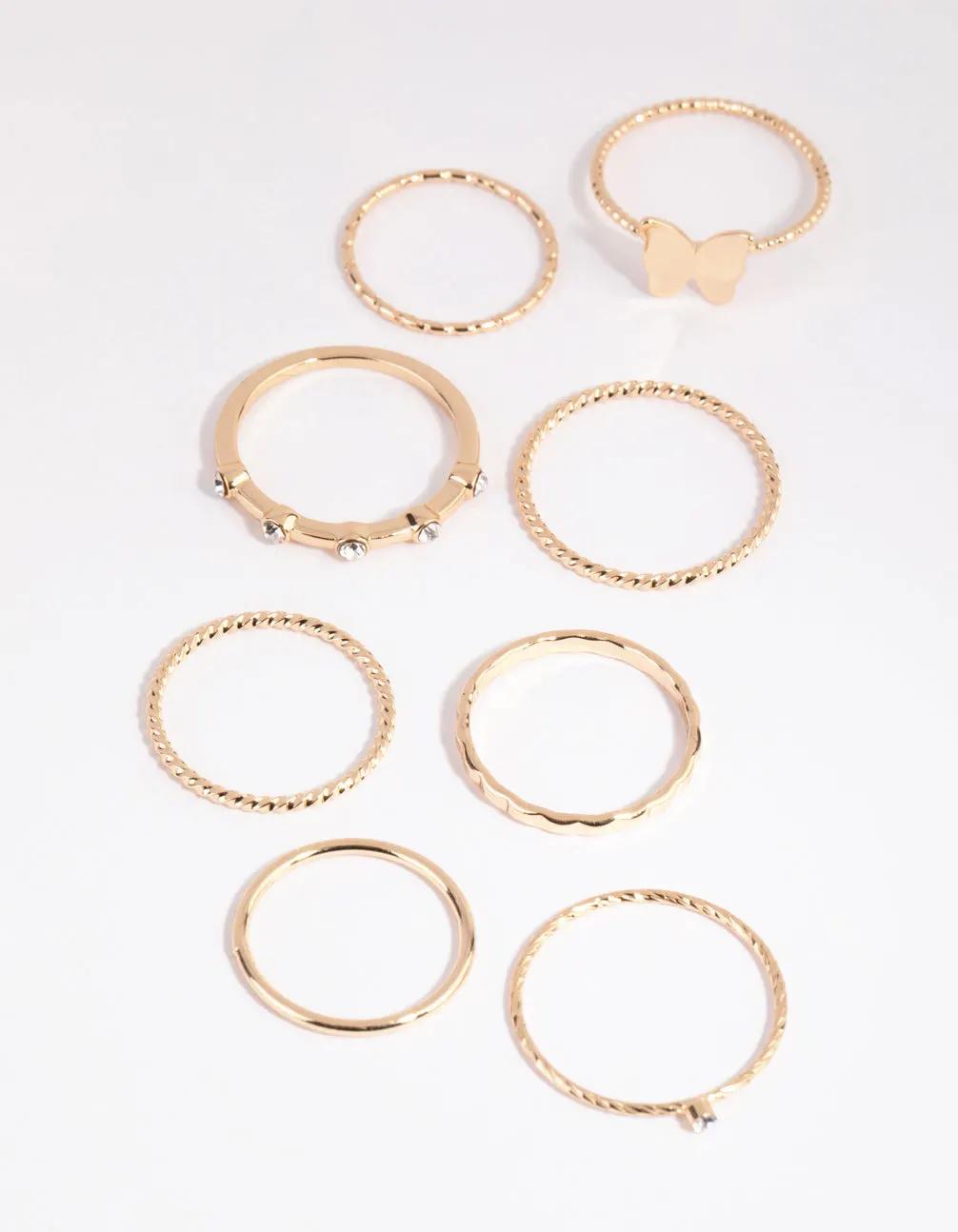 Gold Plated Buterfly Diamante and Pearl Fine Ring Pack Silver Heart Round Shape Twisted Multiple Rings