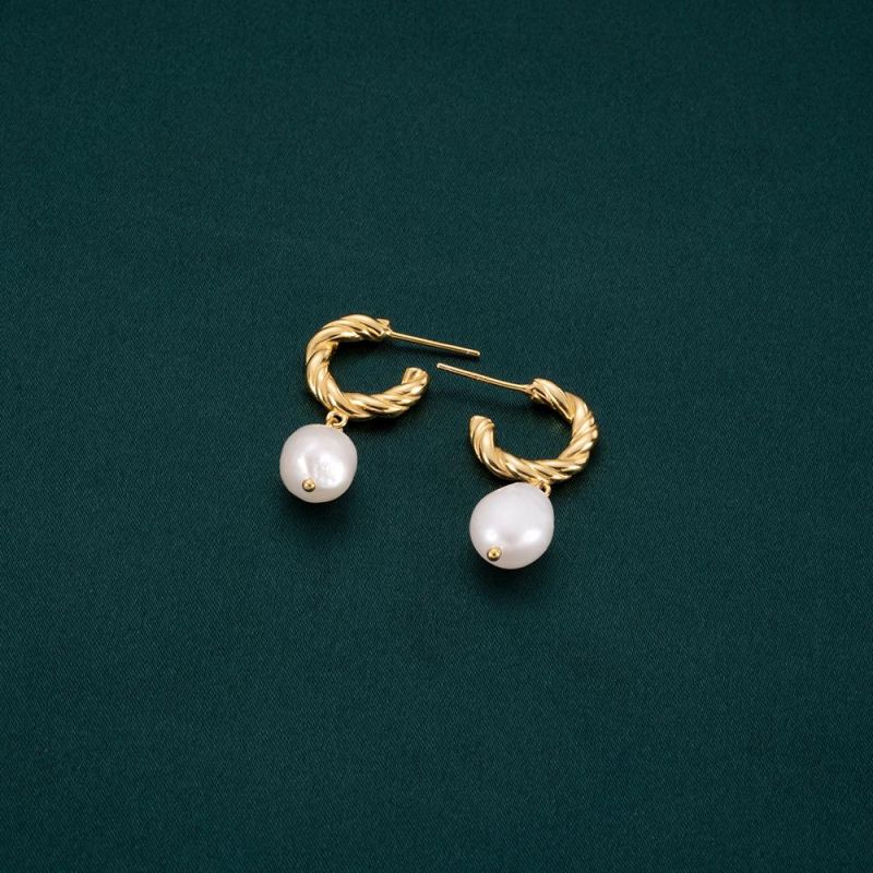 New Fashion 18K Gold Plated Drop Earing Jewelry 925 Sterling Silver Irregular Freshwater Baroque Pearls Hoop Earrings for Women