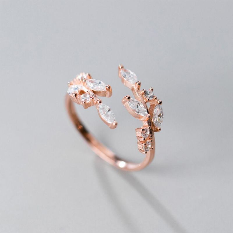 925 Sterling Silver Ring Leaf Zircon Adjustable Ring Fashion Leaves Branches Ring Women Exquisite Jewelry