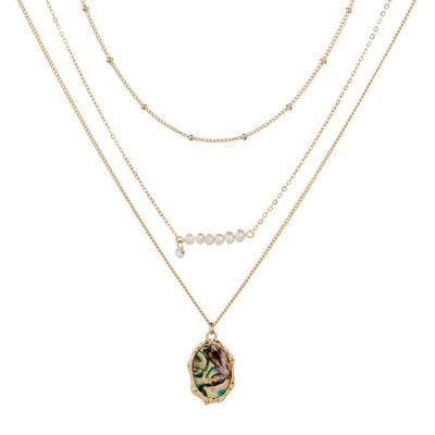 Romantic Fashion Jewelry 3 Multi Layers Necklace with Pearls and Hammered Abalone Pendant Charm for Lady