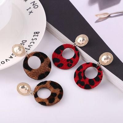 Fashion Jewelry PU Leather Leopard Elegant Horse Fur Circle Stud Earrings