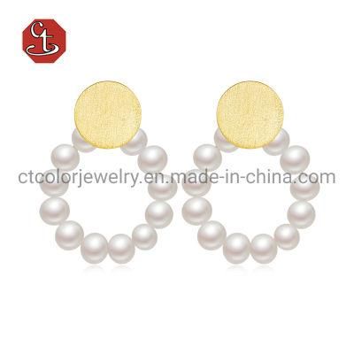 Fashion 925 Silver Jewelry 18k Gold plated White Pearl Round Drop Earrings