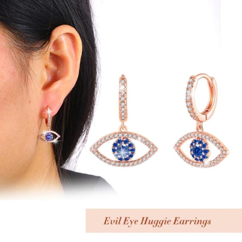 18K Customized Earring Turkey Blue CZ Eyes Dangle Earrings S925 Sterling Silver Devil Eye Hoop Huggie Earrings