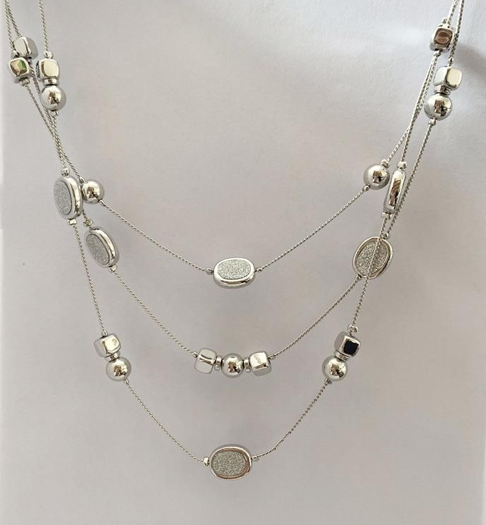 Rhodium Plated 3 Layered Glitter Paper Fashion Necklace with Oval Round Square Ccb Women Fashion Jewellery