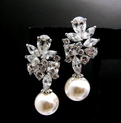 Wedding Pearl Earring Necklace Jewelry, Bridal Pearl Earring, Bridesmaid Pearl Earring, CZ Earrings