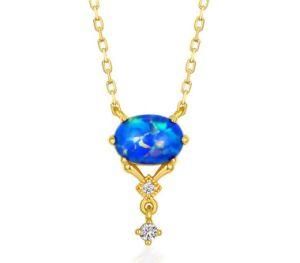Color Gemstone Jewelry Synthetic Blue Opal Retro Vintage Delicate Silver Gold Plated S925 Silver Necklace
