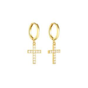 Custom White 14K Gold 925 Sterling Silver Full 5A CZ Classic Cross Pendant Drop Hoop Earrings Jewelry