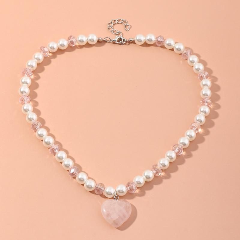Fashion Jewelry Pearl Crystal Love Pendant Necklace Cute Girl Necklace