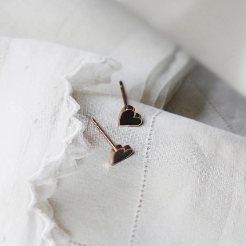 Titanium Jewelry Rose Gold Mini Black Heart Enamel Stud Earrings Jewelry