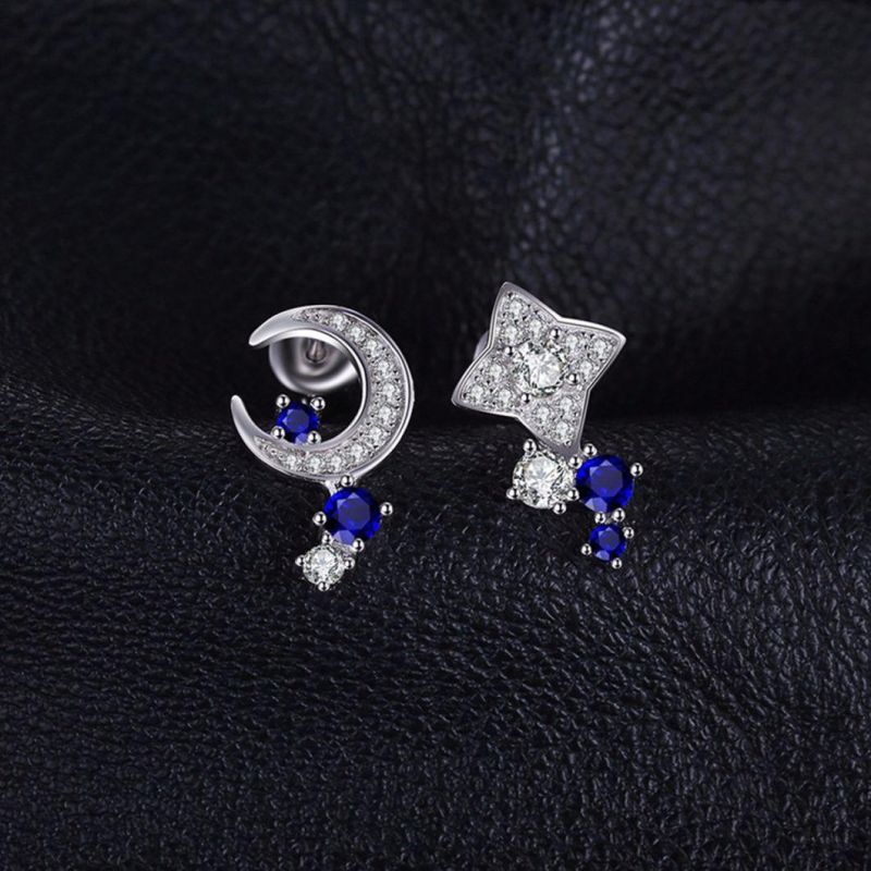 Moon and Star Created Blue Sapphire Asymmetric Studs Earrings Sterling Silver Jewelry