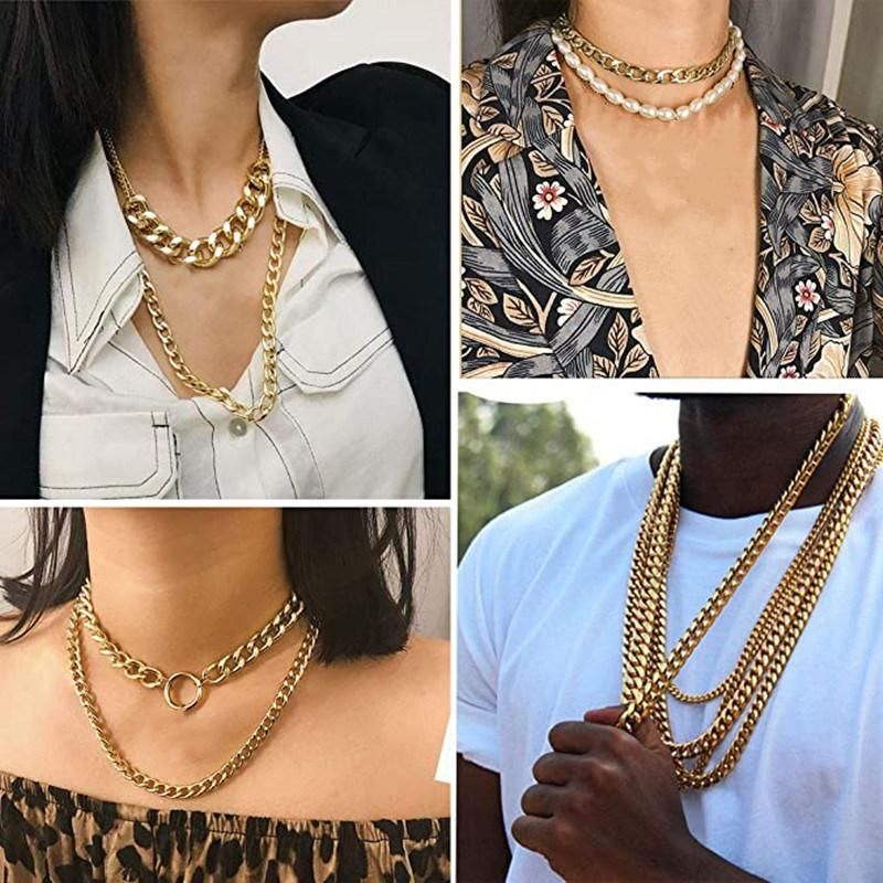 Stainless Steel Curb Cuban Link Chain Necklaces with 18K Gold Plated for Men Women