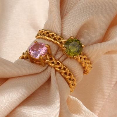 Jewelry 18K Gold Plated Stainless Steel Geometric Cubic Zirconia Woven Cuban Chain Open Adjustable Finger Ring
