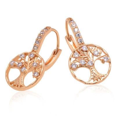 Gold Plated Luxury Zircon Tree of Life Hanging Hoop Earrings