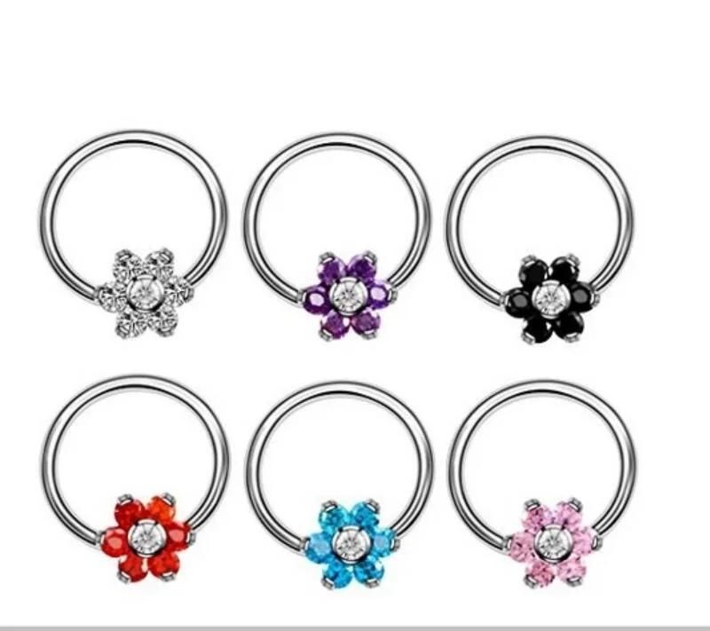 316L Surgical Steel Hinged Segment Ring Crystal Flower