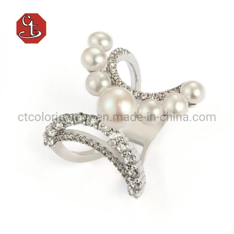 Fashion Jewelry 925 Sterling Silver Trendy Korean Style Wedding Rings for Women Pearl Zircon Opening Rings