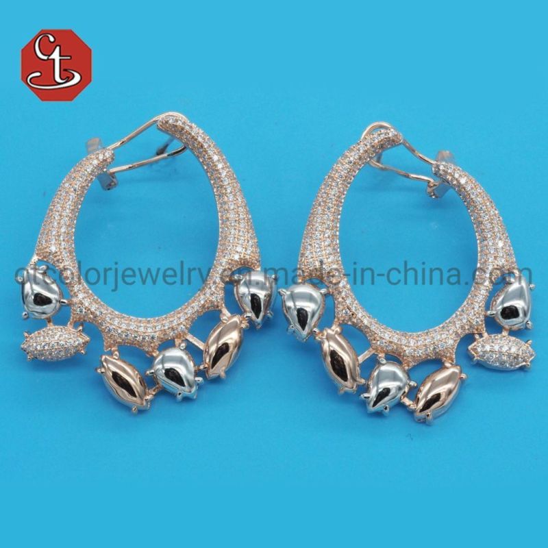 Heavy Metal Design Earrings Hip Hop Big Two Tone CZ Pave DOT Setting Plating Silver or Brass Earring for Ladies