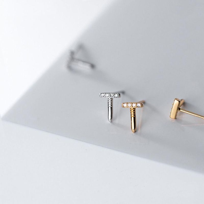 Real 925 Sterling Silver Simple Screw T Shape Zircon Stud Earrings for Women Party Personality Jewelry