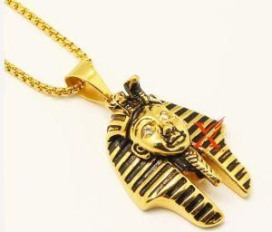 24&quot; (60cm) Men&prime;s Stainless Steel Black Gold Color Big Pharaoh King Tut Pendant Necklace 3mm Box Chain