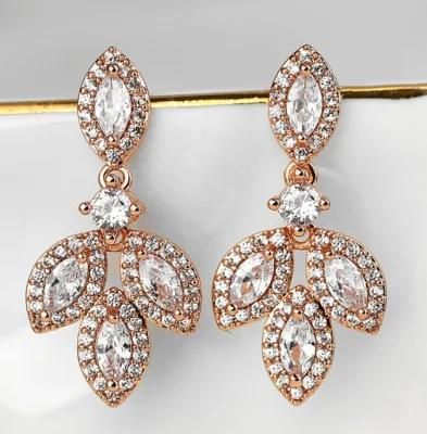 Wedding Bridal Pear Leaf Shape CZ Earring, Rose Gold Earring