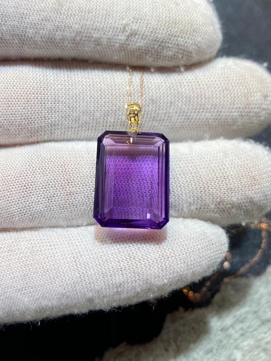 Rectangle Amethyst Pendant 18K Gold China Donghai Crystal