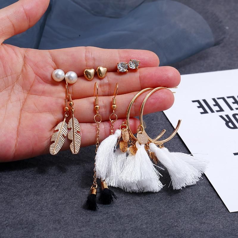 Fashion Tassel Ear Set Feather Drop 6 Pairs Stud Earrings Set