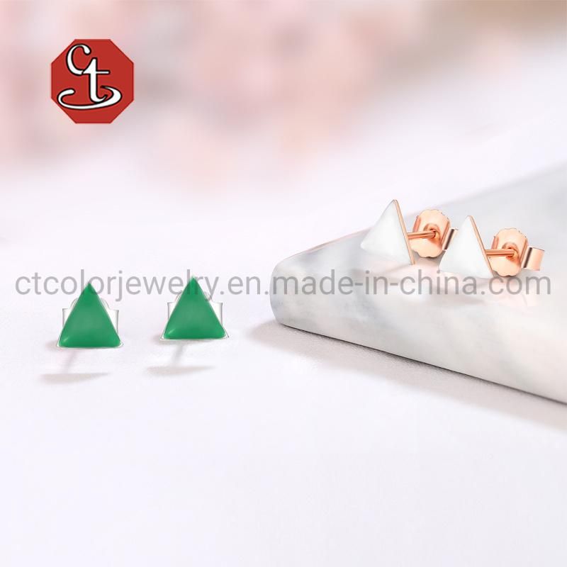 925 Silver with Triangle Shape Design Green and White Enamel Ear Studs Earrings Fashion Jewelry Jewellery