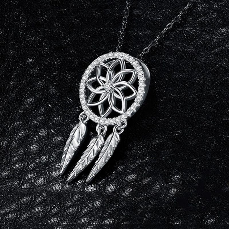 925 Sterling Silver Pendants Bohemian Dream Catcher Pendant Cubic Zirconia Boho Feather Pendant