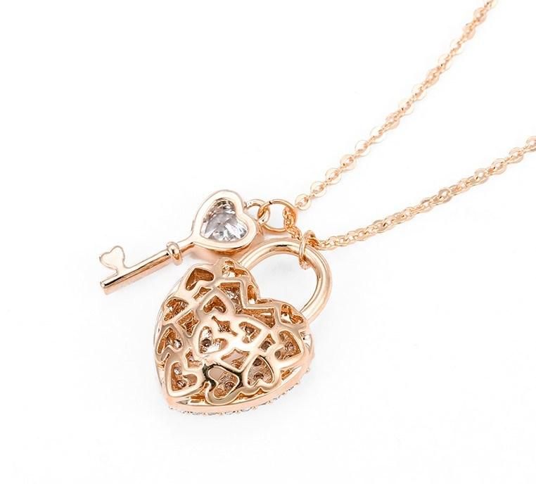 Jewelry Fashion Lucky Lock Heart Shape Lock Key Pendant Gift Rose Gold Diamond Necklace